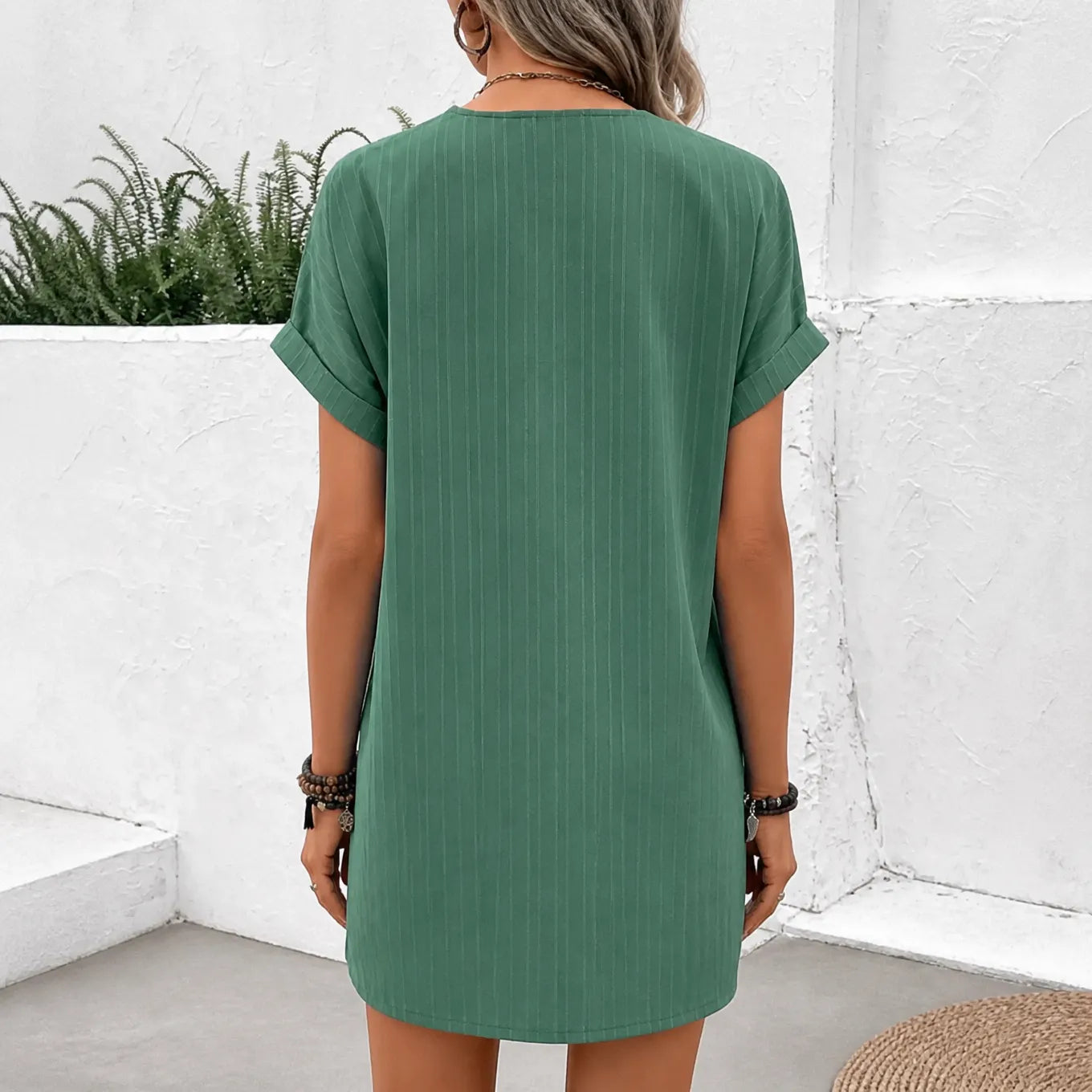 Linora – Ribbed V-Neck Shift Dress with Rolled Short Sleeves