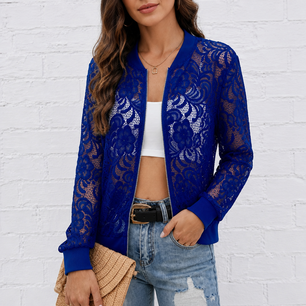Lacelle – Floral Lace Zip Up Bomber Jacket for Women