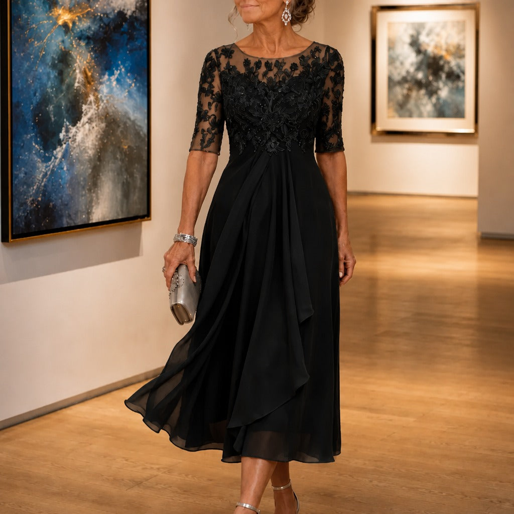 Elarose – Embroidered Lace Bodice Midi Dress for Weddings