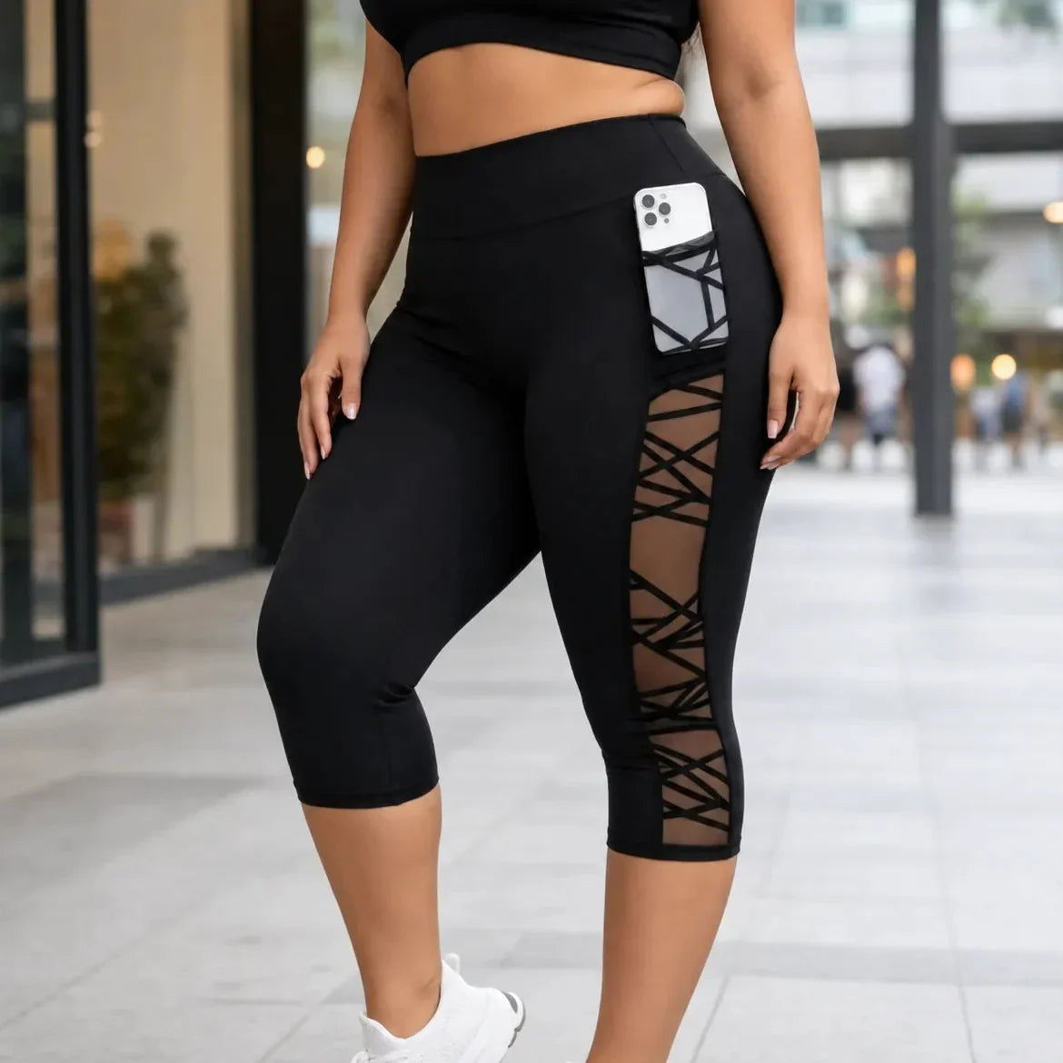 Flexora – High Waist Mesh-like Side Capri Leggings with Phone Pocket