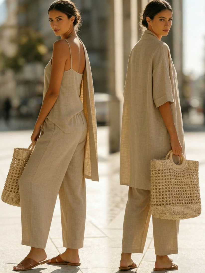 Barbara - Minimalist Set in Linen and Cotton, Composed of Three Pieces