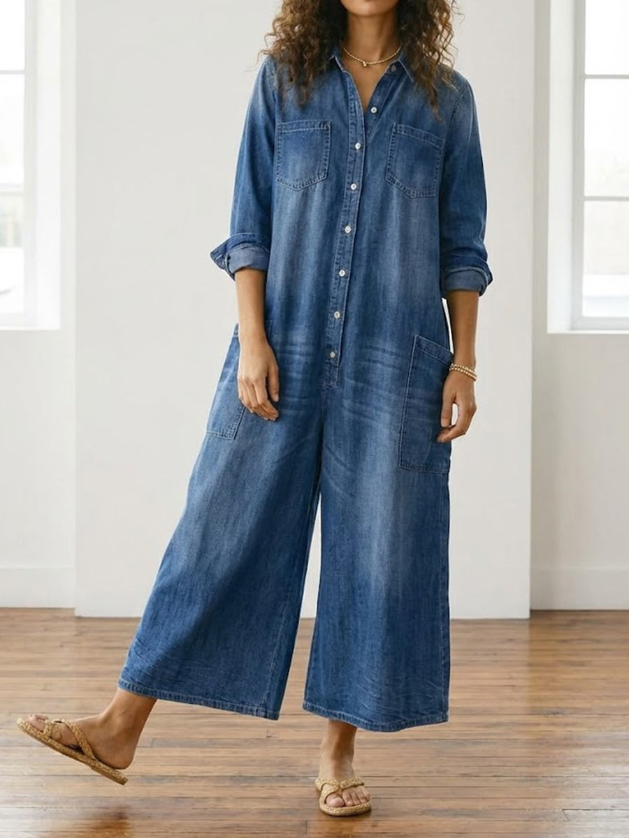 Ariana - Vintage Washed Soft Cotton Denim Jumpsuit with Button Closure