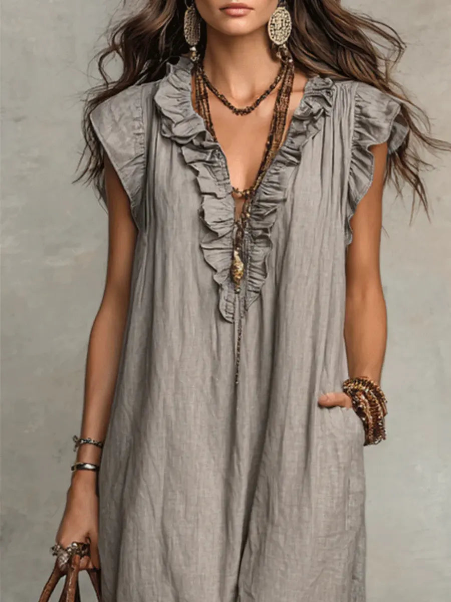 Long Bohemian Dress for Women in Linen and Cotton - Elegant Fluid Cut