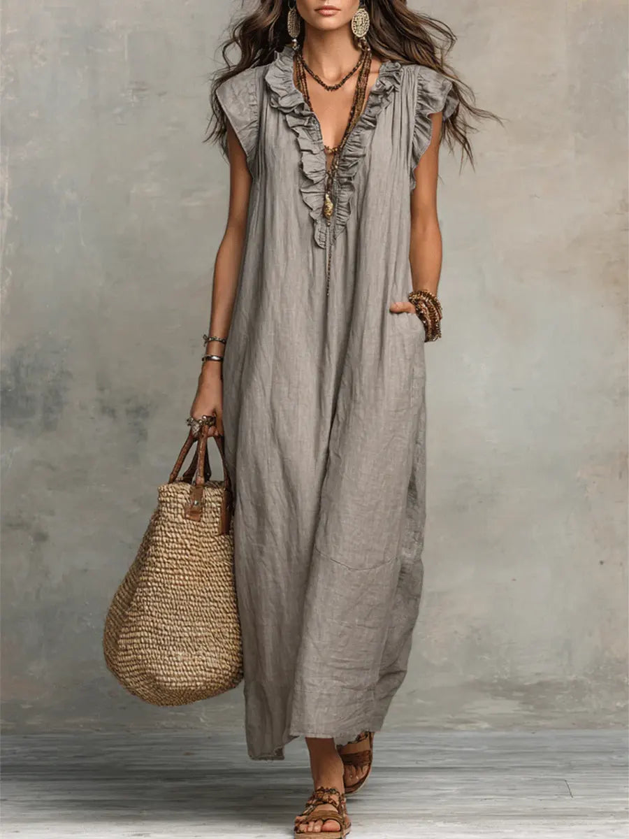 Long Bohemian Dress for Women in Linen and Cotton - Elegant Fluid Cut