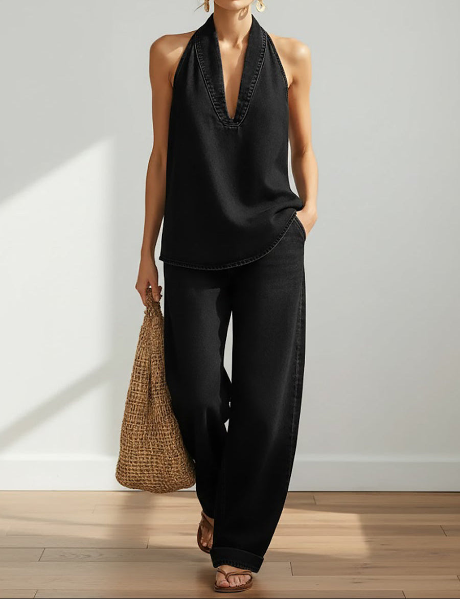 Lena - Relaxed Halter Denim Lounge Set