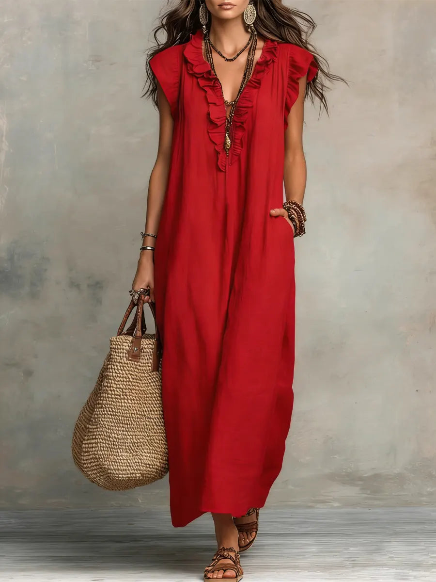 Long Bohemian Dress for Women in Linen and Cotton - Elegant Fluid Cut