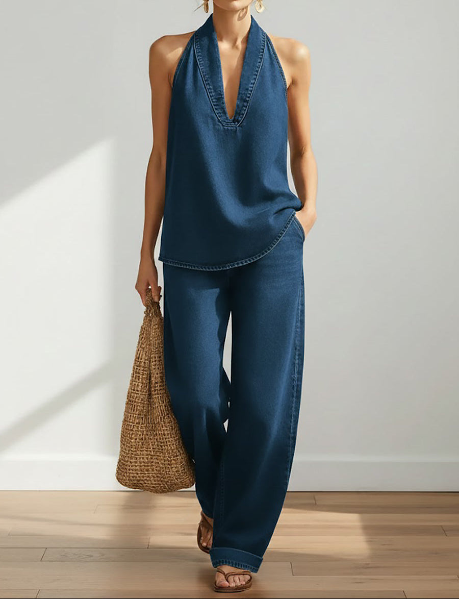 Lena - Relaxed Halter Denim Lounge Set