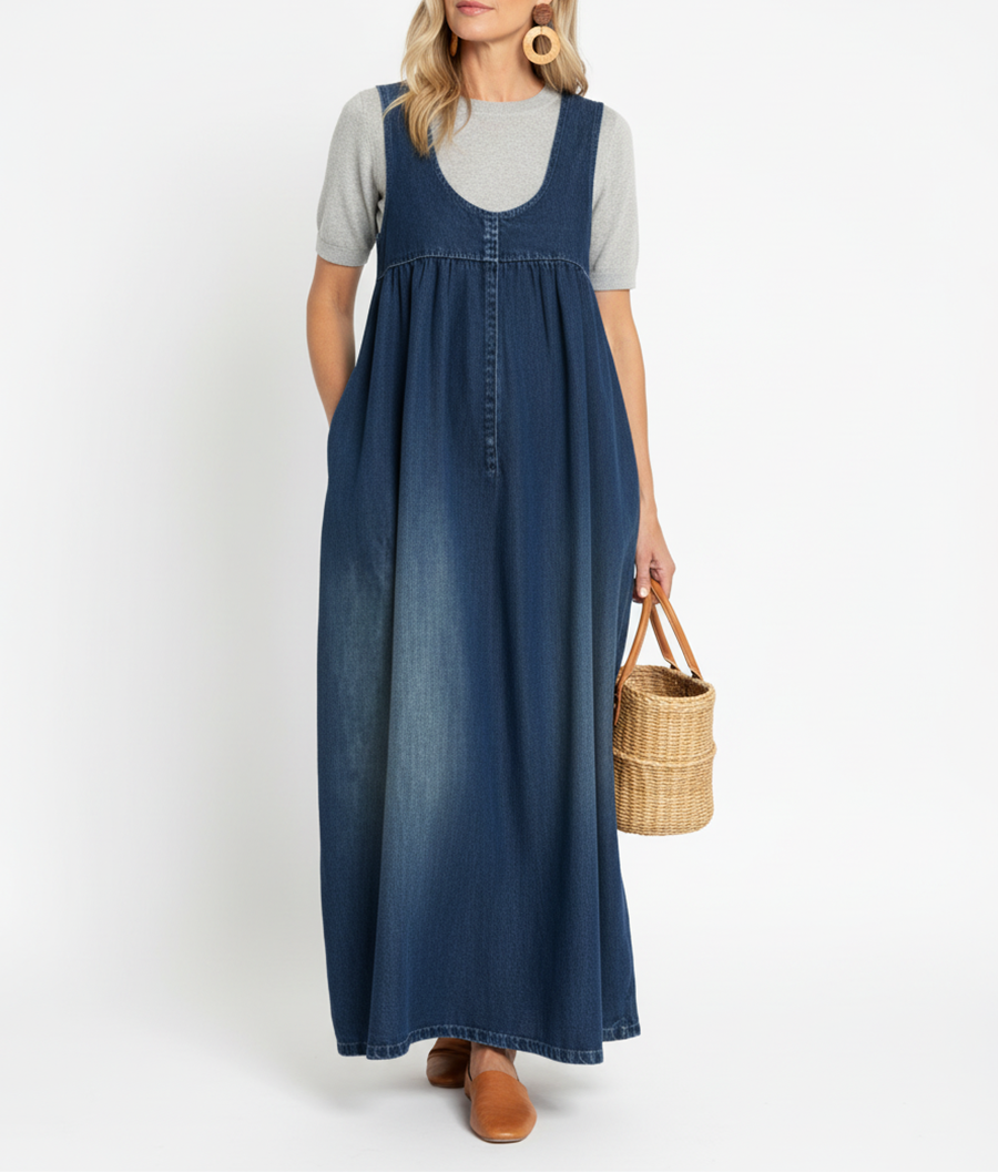 Miranda - Vintage Washed Soft Cotton Feel Denim Maxi Dress