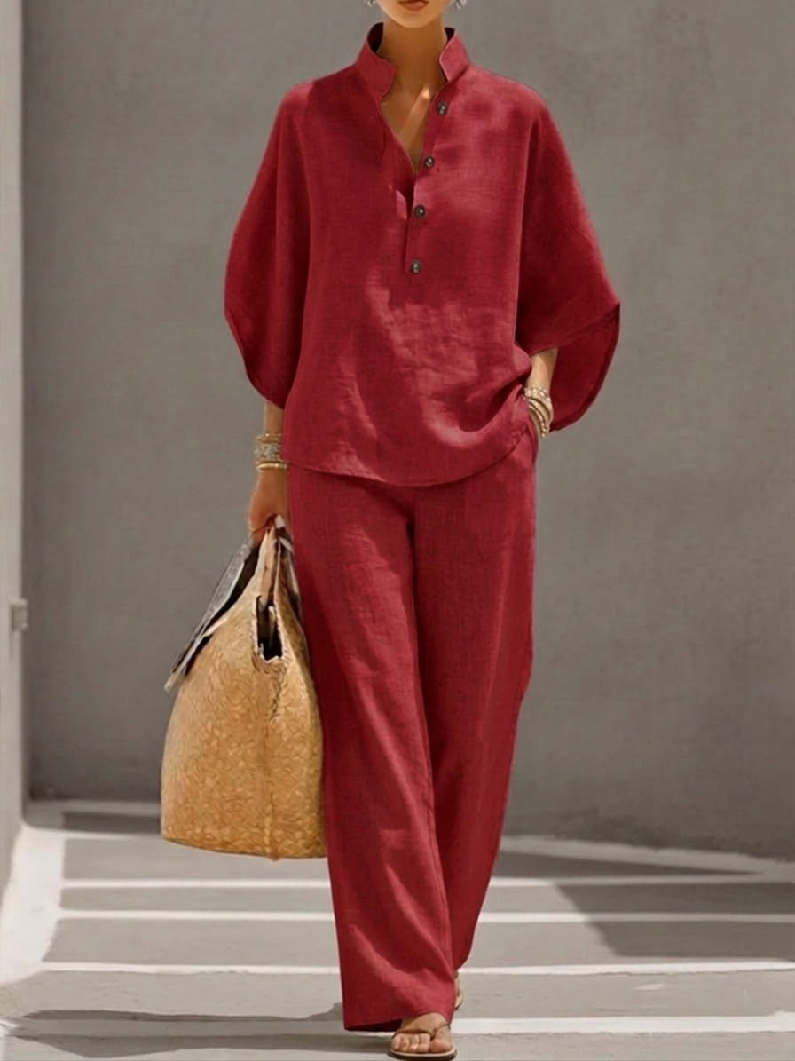 Mariel™ | Cotton Linen Batwing Sleeve Wide Leg Set