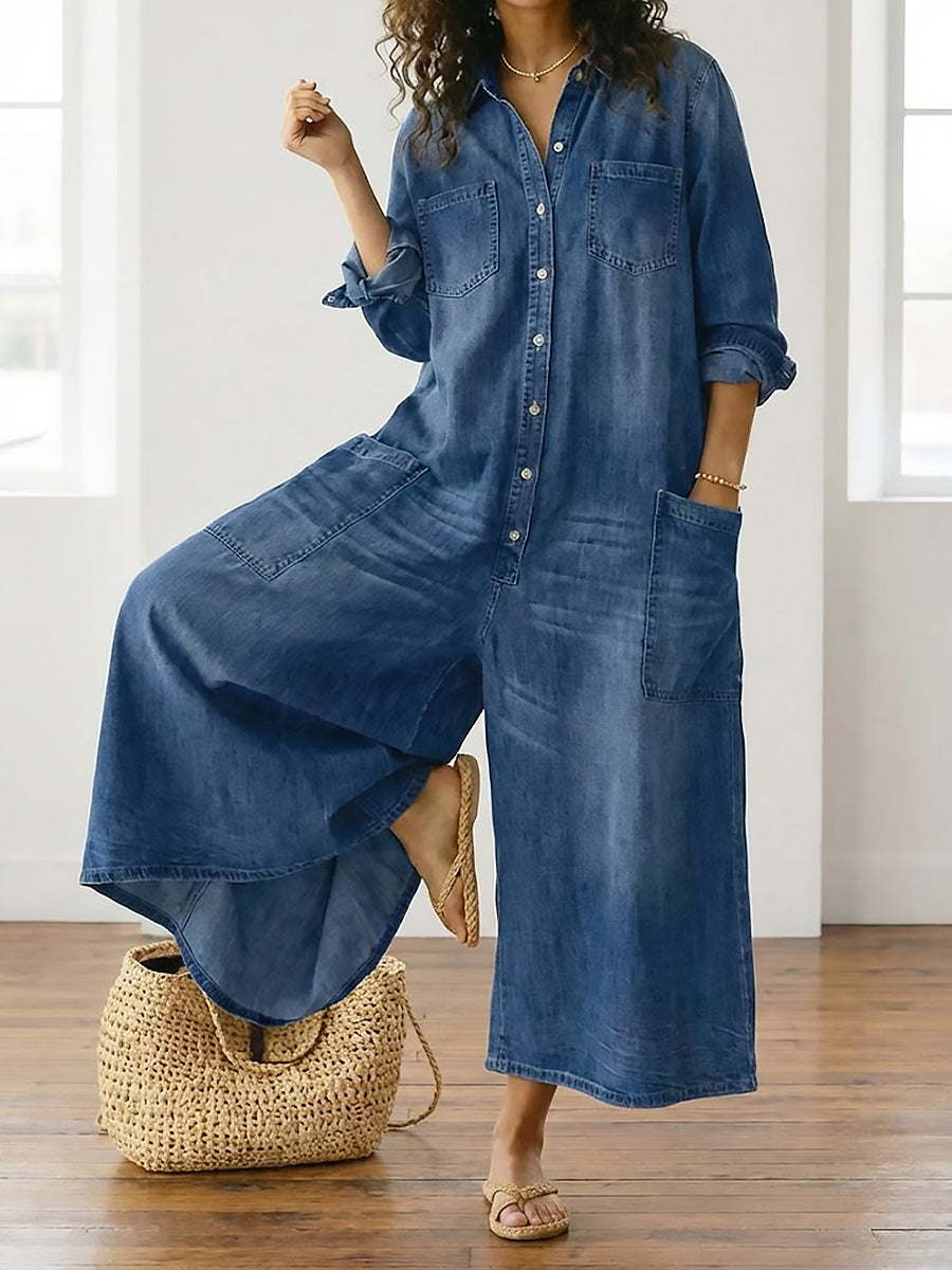 Ariana - Vintage Washed Soft Cotton Denim Jumpsuit with Button Closure