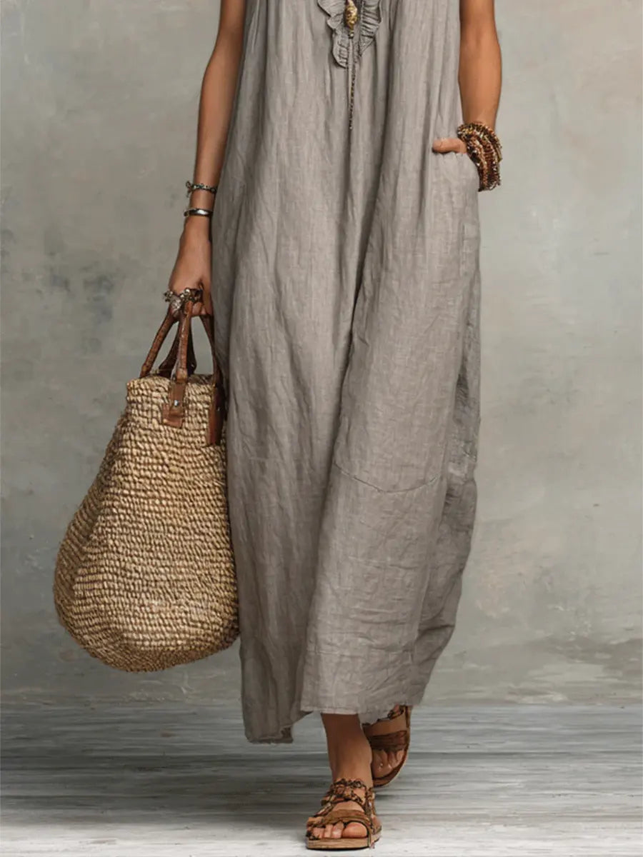 Long Bohemian Dress for Women in Linen and Cotton - Elegant Fluid Cut