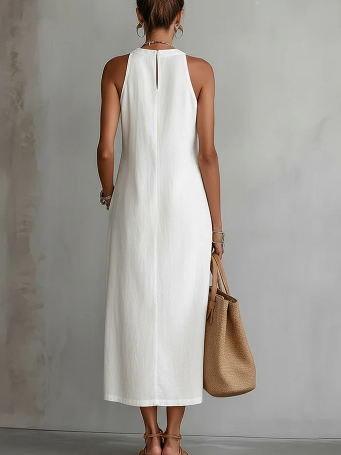 Jimena™ | Linen Midi Dress with Mandarin Collar