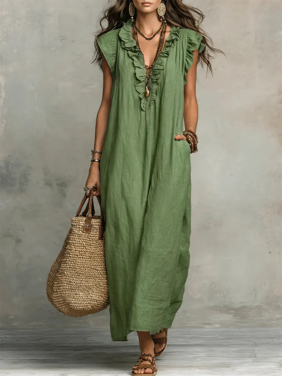 Long Bohemian Dress for Women in Linen and Cotton - Elegant Fluid Cut