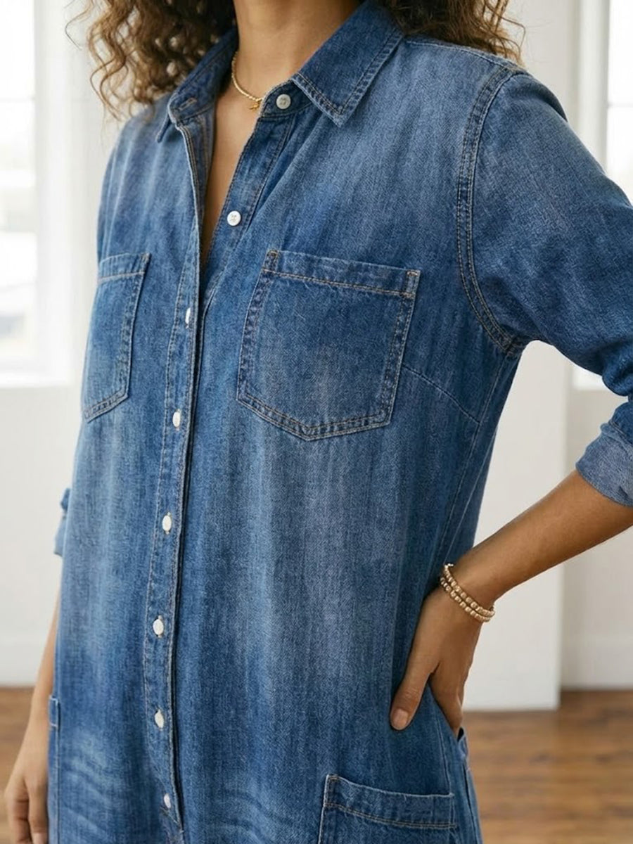 Ariana - Vintage Washed Soft Cotton Denim Jumpsuit with Button Closure
