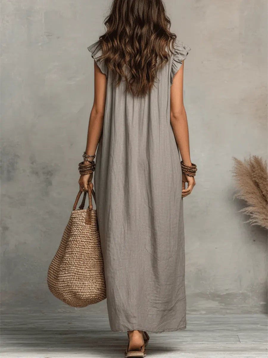 Long Bohemian Dress for Women in Linen and Cotton - Elegant Fluid Cut