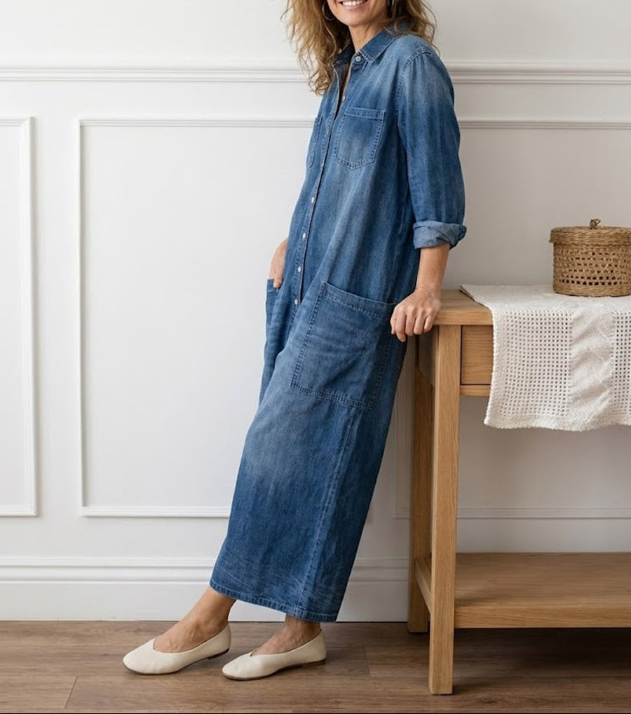 Ariana - Vintage Washed Soft Cotton Denim Jumpsuit with Button Closure