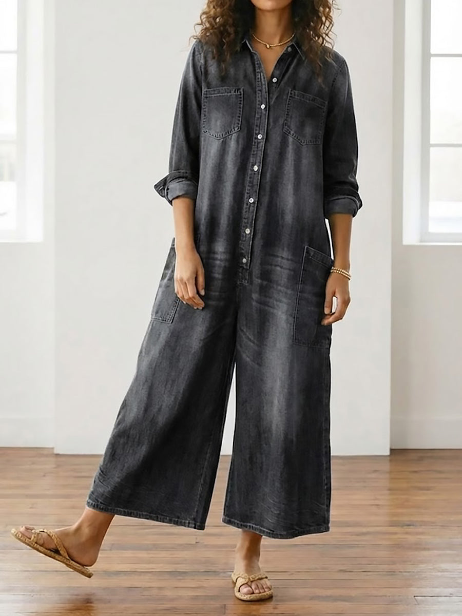 Ariana - Vintage Washed Soft Cotton Denim Jumpsuit with Button Closure