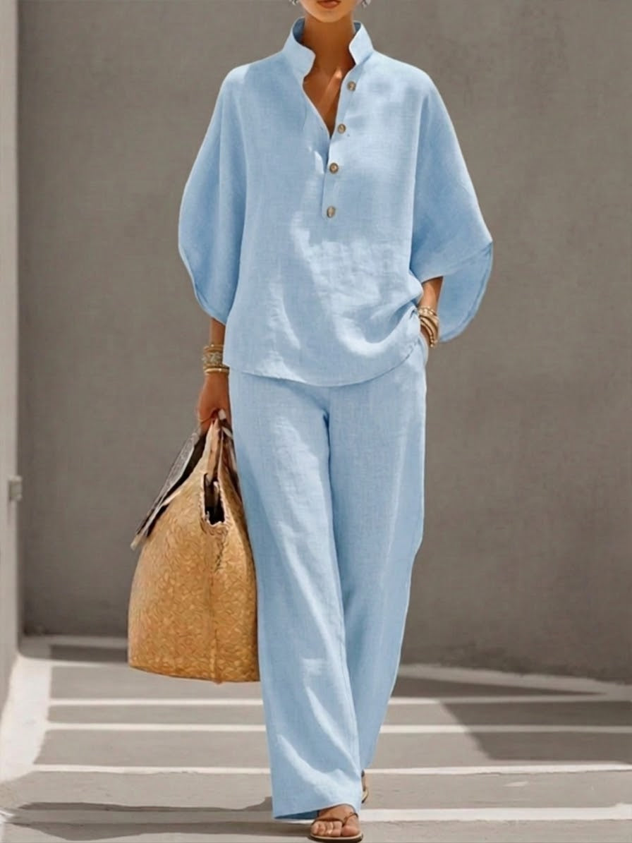 Mariel™ | Cotton Linen Batwing Sleeve Wide Leg Set