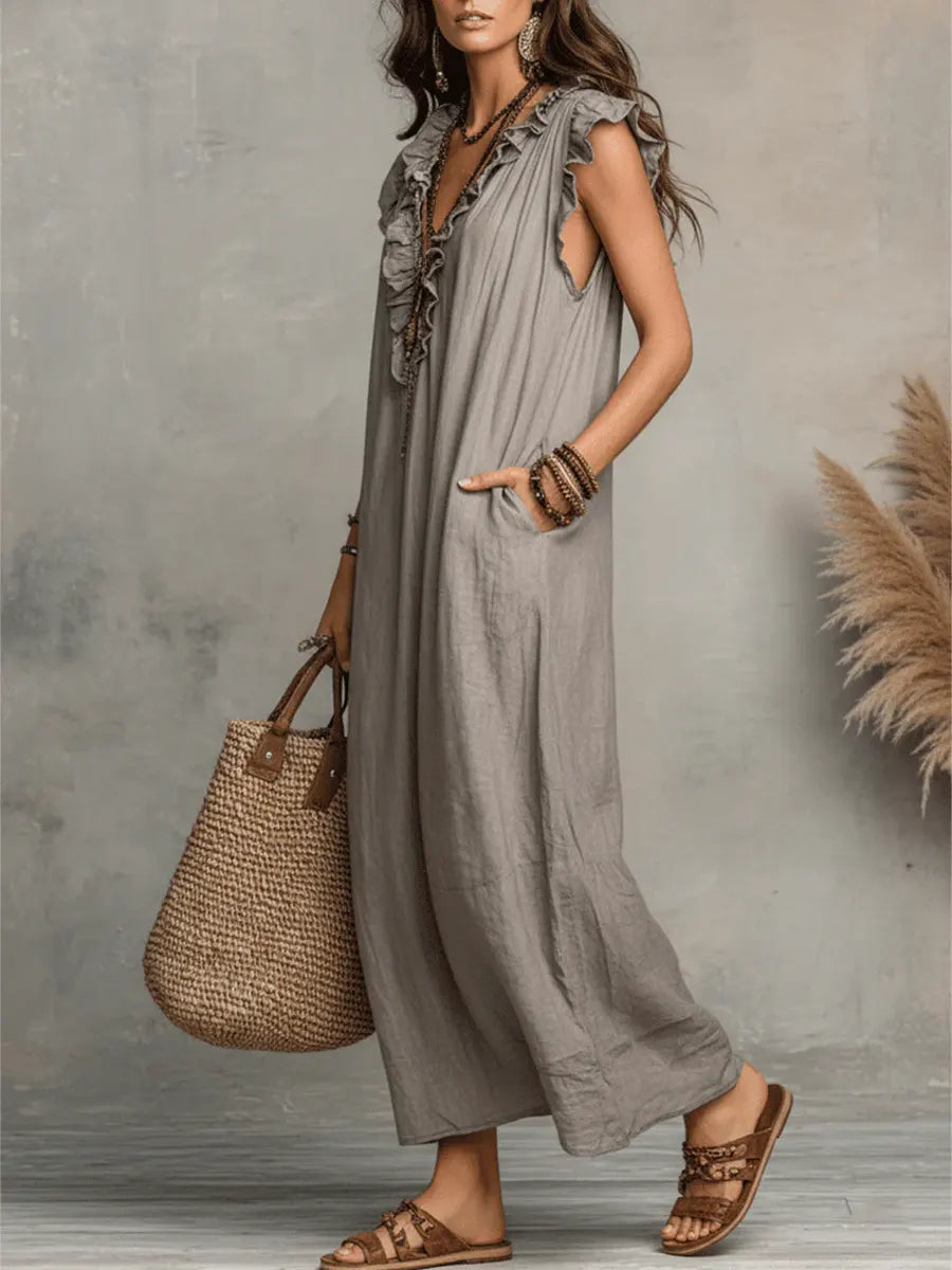 Long Bohemian Dress for Women in Linen and Cotton - Elegant Fluid Cut