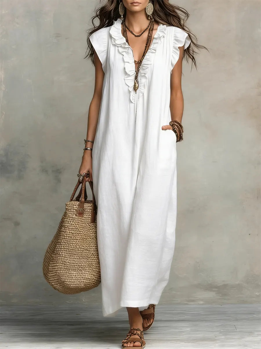 Long Bohemian Dress for Women in Linen and Cotton - Elegant Fluid Cut
