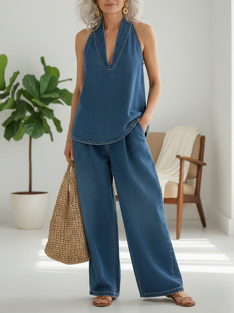 Lena - Relaxed Halter Denim Lounge Set