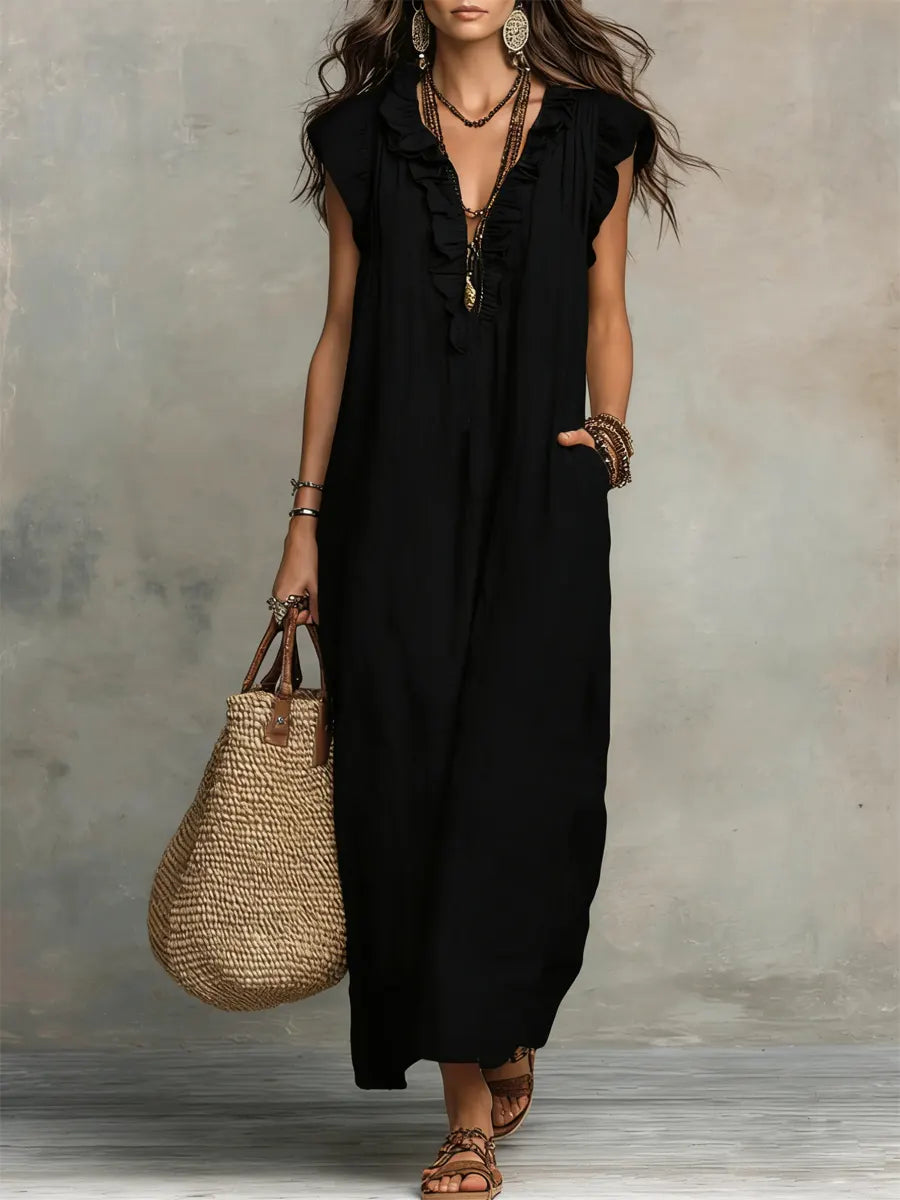 Long Bohemian Dress for Women in Linen and Cotton - Elegant Fluid Cut