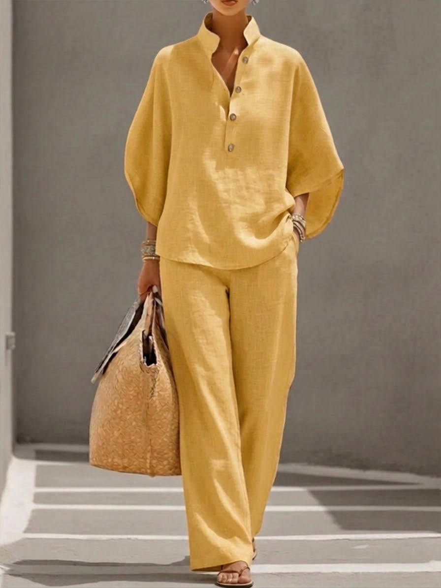 Mariel™ | Cotton Linen Batwing Sleeve Wide Leg Set