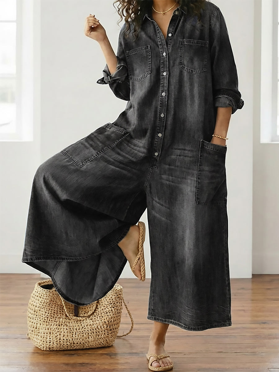 Ariana - Vintage Washed Soft Cotton Denim Jumpsuit with Button Closure