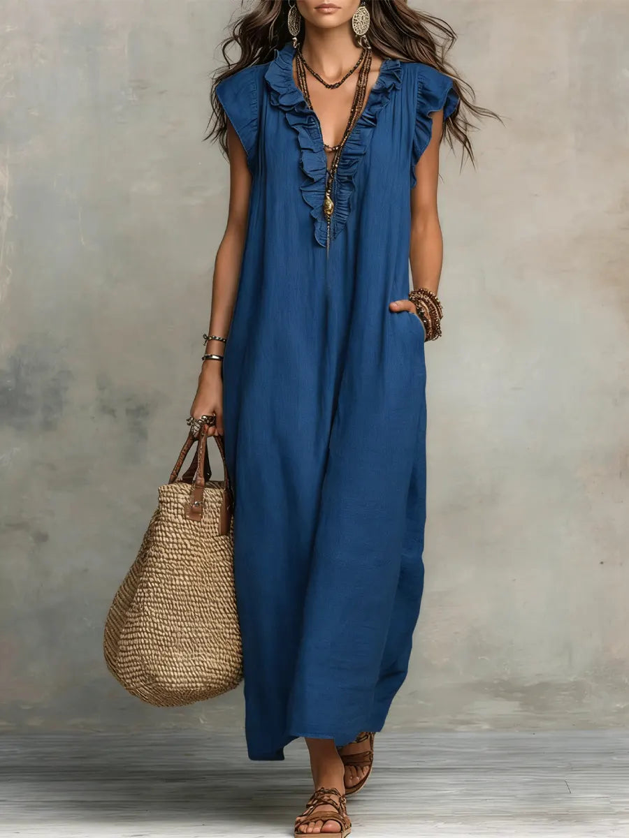 Long Bohemian Dress for Women in Linen and Cotton - Elegant Fluid Cut