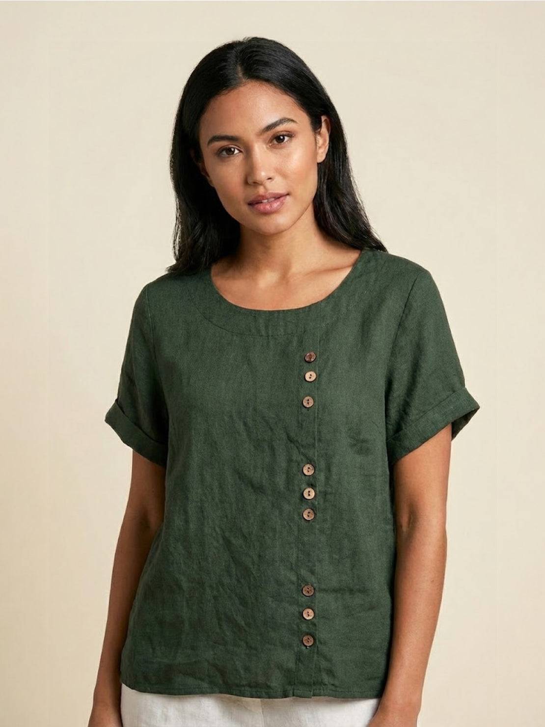 Grace | Women’s Linen Round Neck Button Blouse