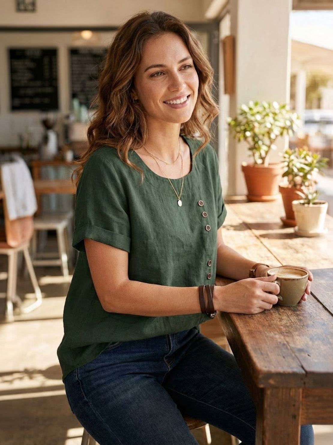 Grace | Women’s Linen Round Neck Button Blouse