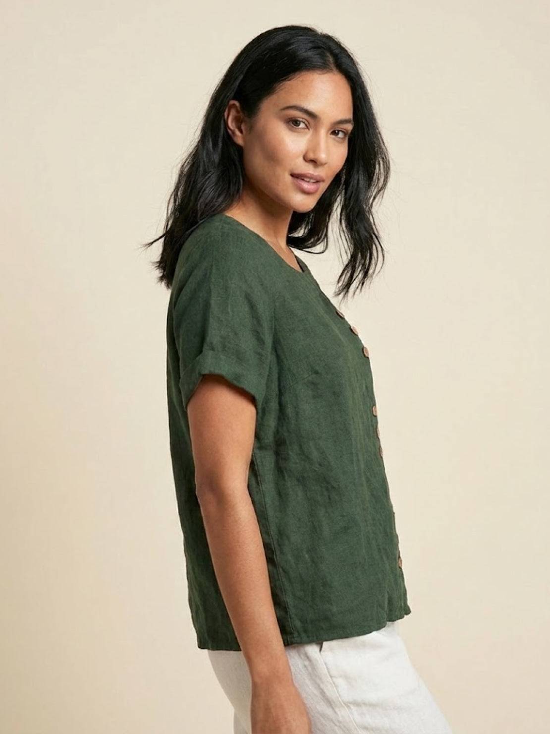 Grace | Women’s Linen Round Neck Button Blouse