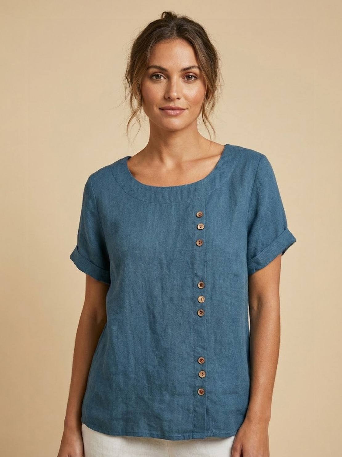Grace | Women’s Linen Round Neck Button Blouse