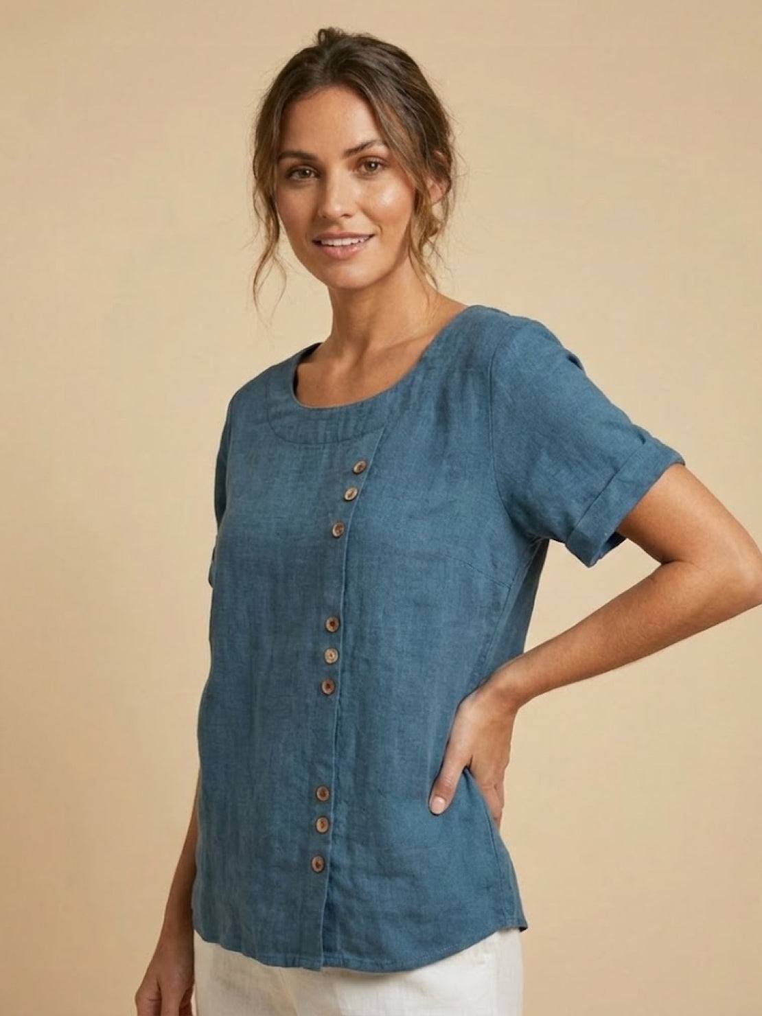 Grace | Women’s Linen Round Neck Button Blouse