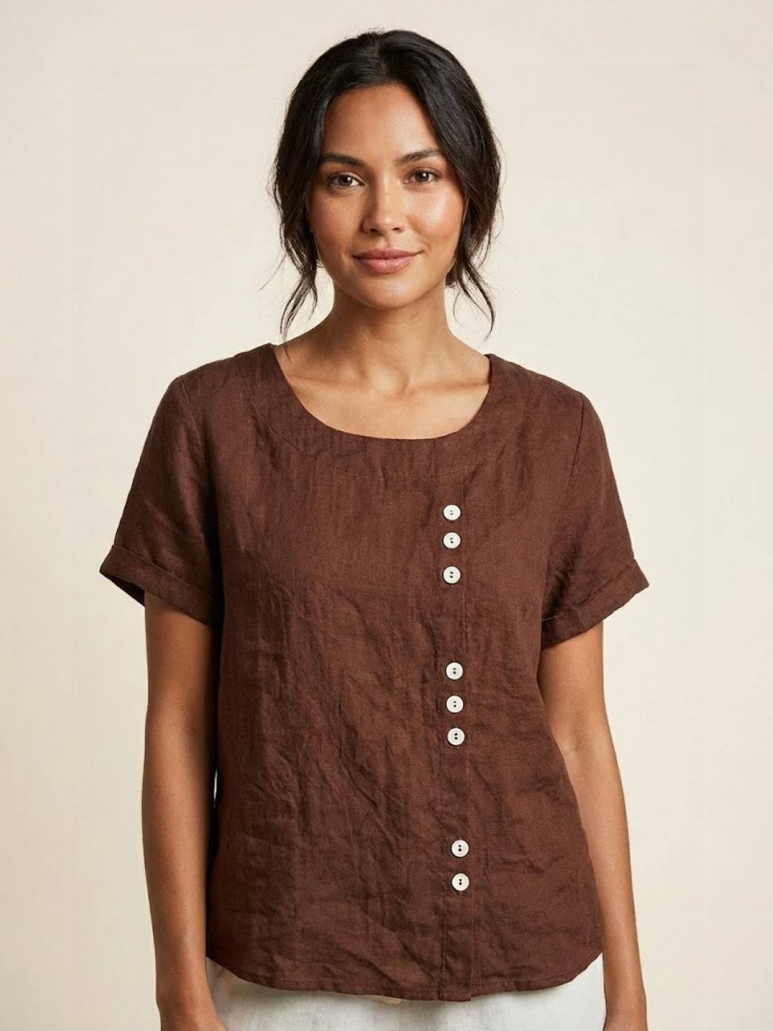 Grace | Women’s Linen Round Neck Button Blouse