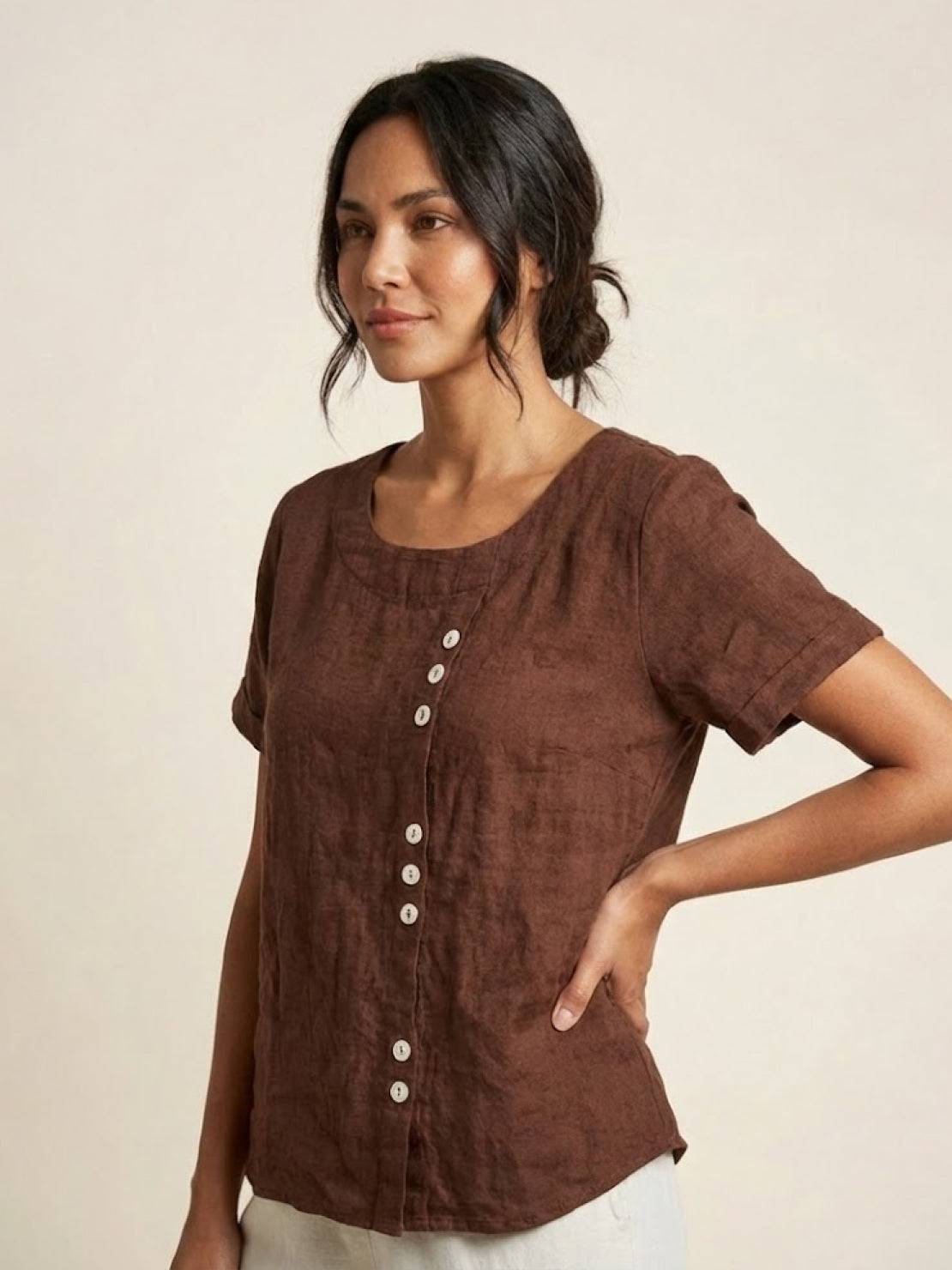 Grace | Women’s Linen Round Neck Button Blouse