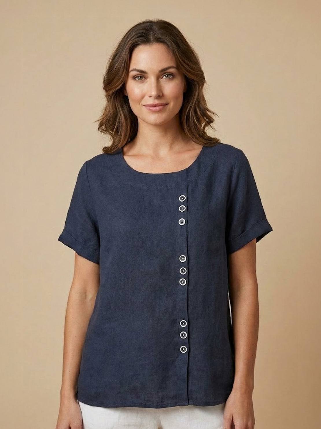 Grace | Women’s Linen Round Neck Button Blouse