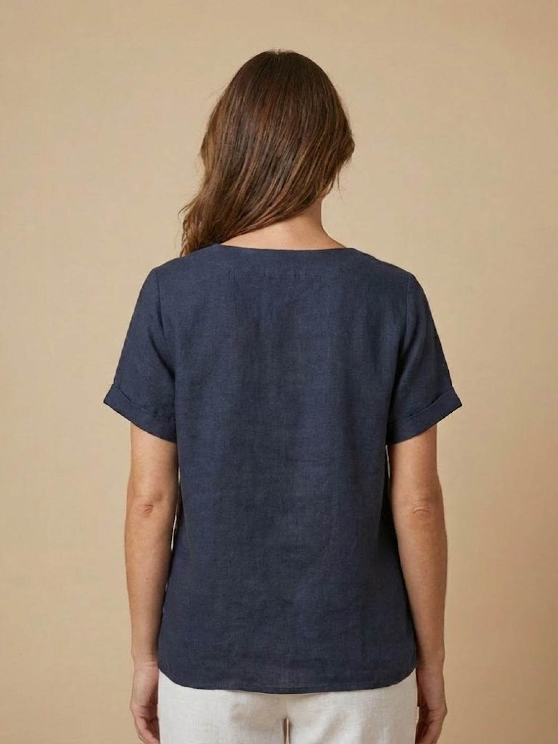 Grace | Women’s Linen Round Neck Button Blouse