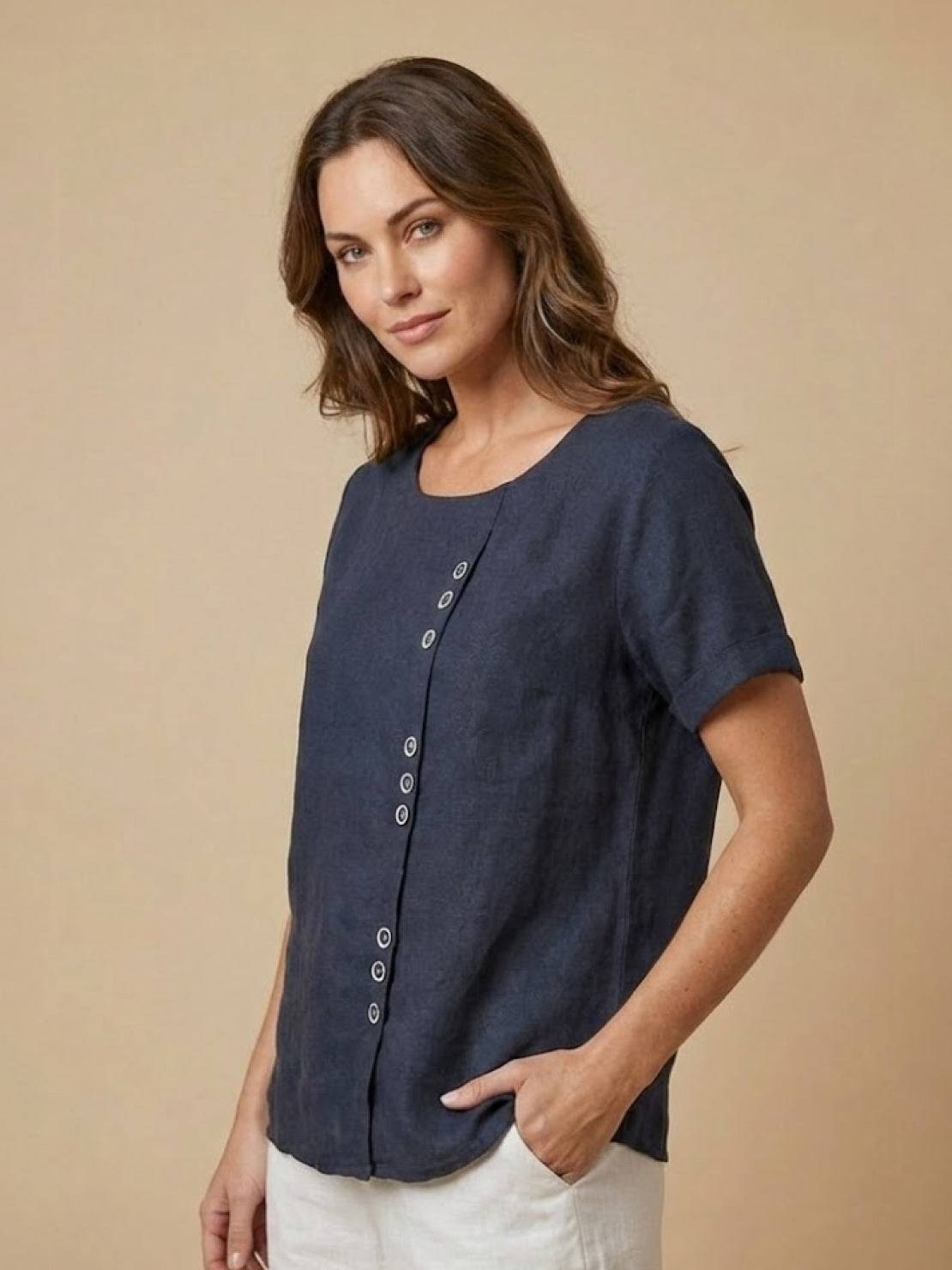 Grace | Women’s Linen Round Neck Button Blouse