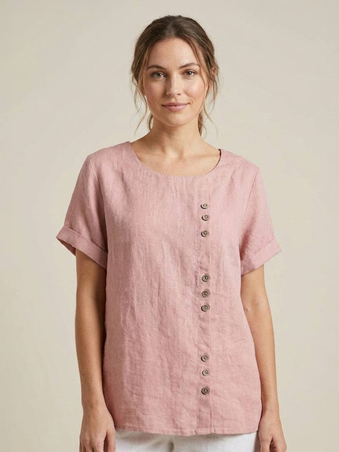Grace | Women’s Linen Round Neck Button Blouse