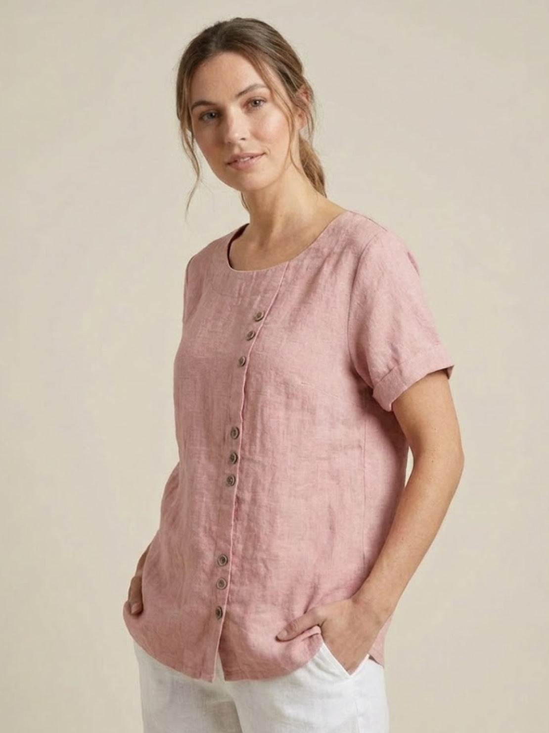 Grace | Women’s Linen Round Neck Button Blouse