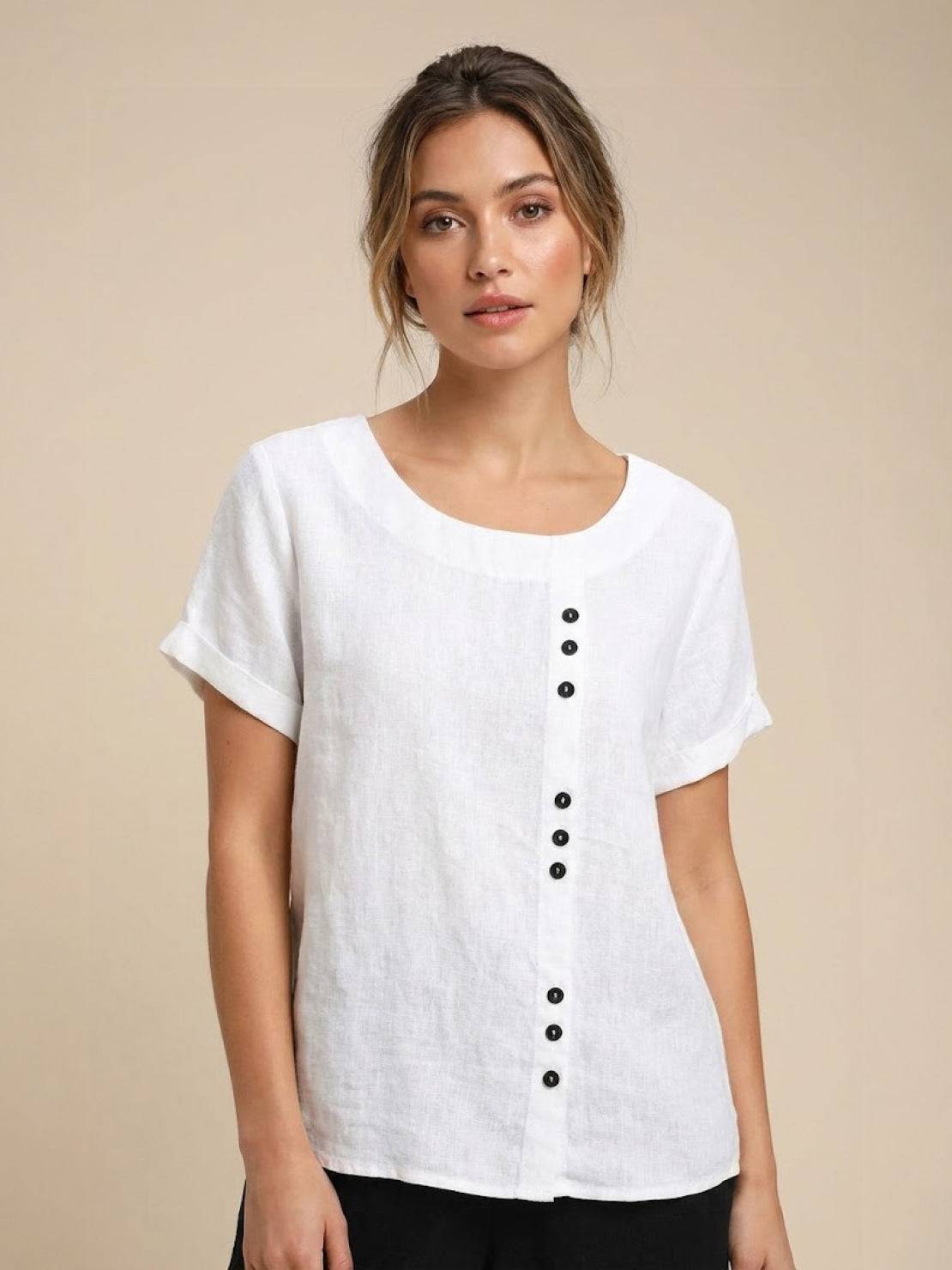 Grace | Women’s Linen Round Neck Button Blouse