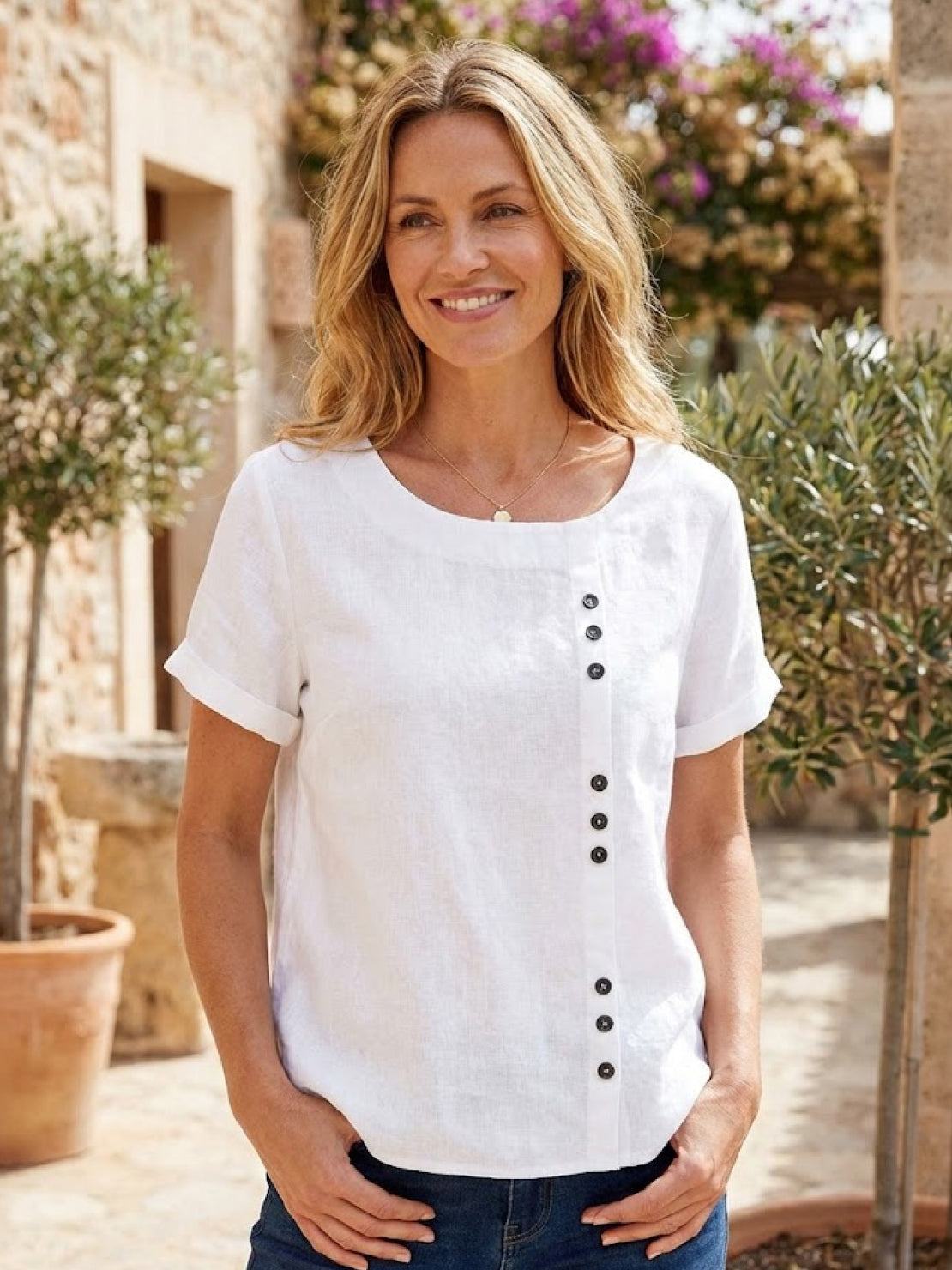 Grace | Women’s Linen Round Neck Button Blouse
