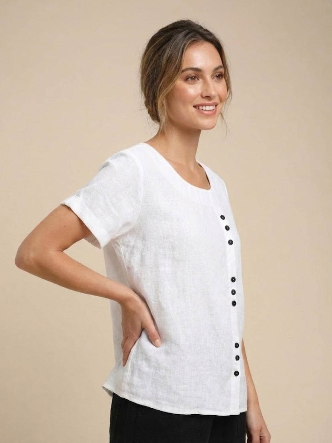 Grace | Women’s Linen Round Neck Button Blouse