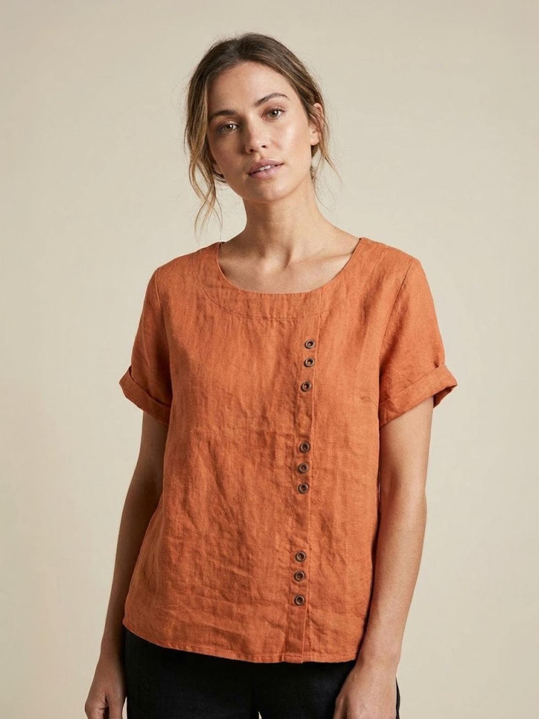 Grace | Women’s Linen Round Neck Button Blouse