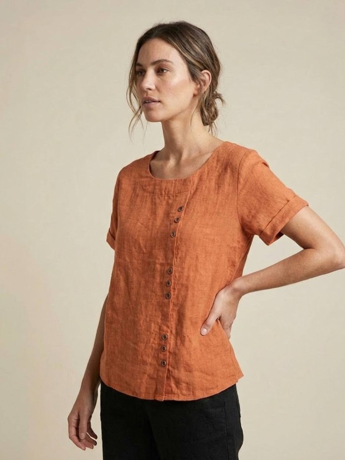 Grace | Women’s Linen Round Neck Button Blouse