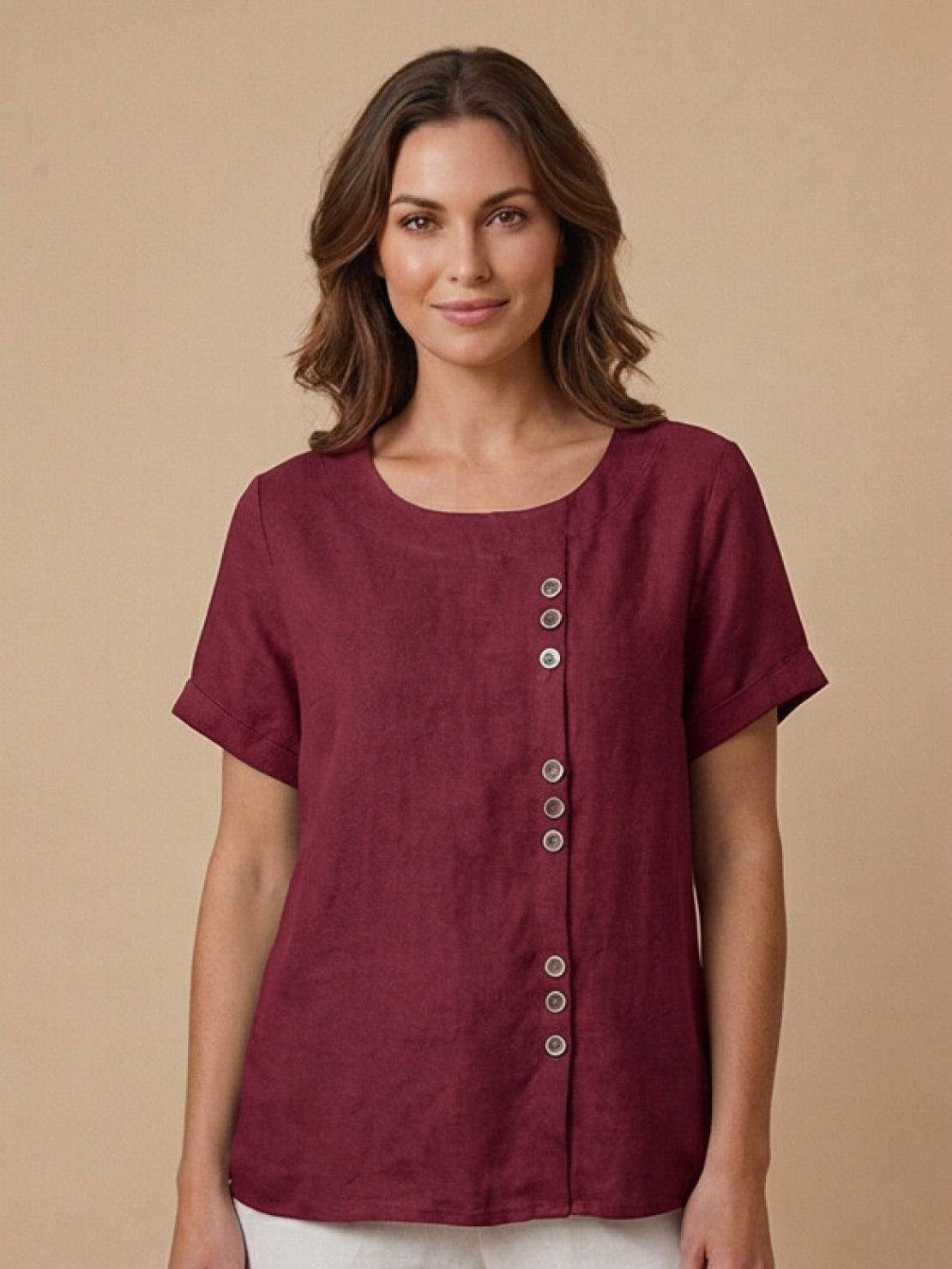 Grace | Women’s Linen Round Neck Button Blouse