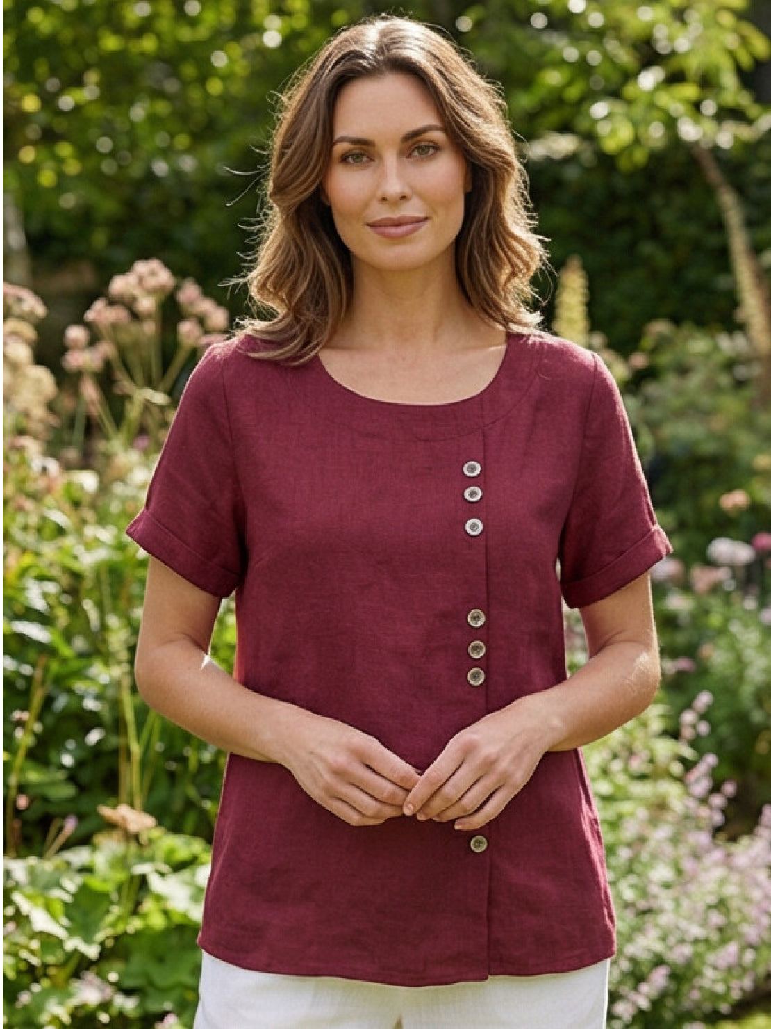 Grace | Women’s Linen Round Neck Button Blouse