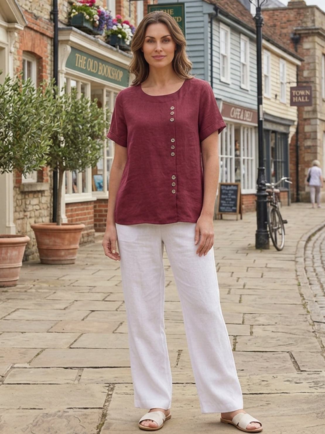 Grace | Women’s Linen Round Neck Button Blouse