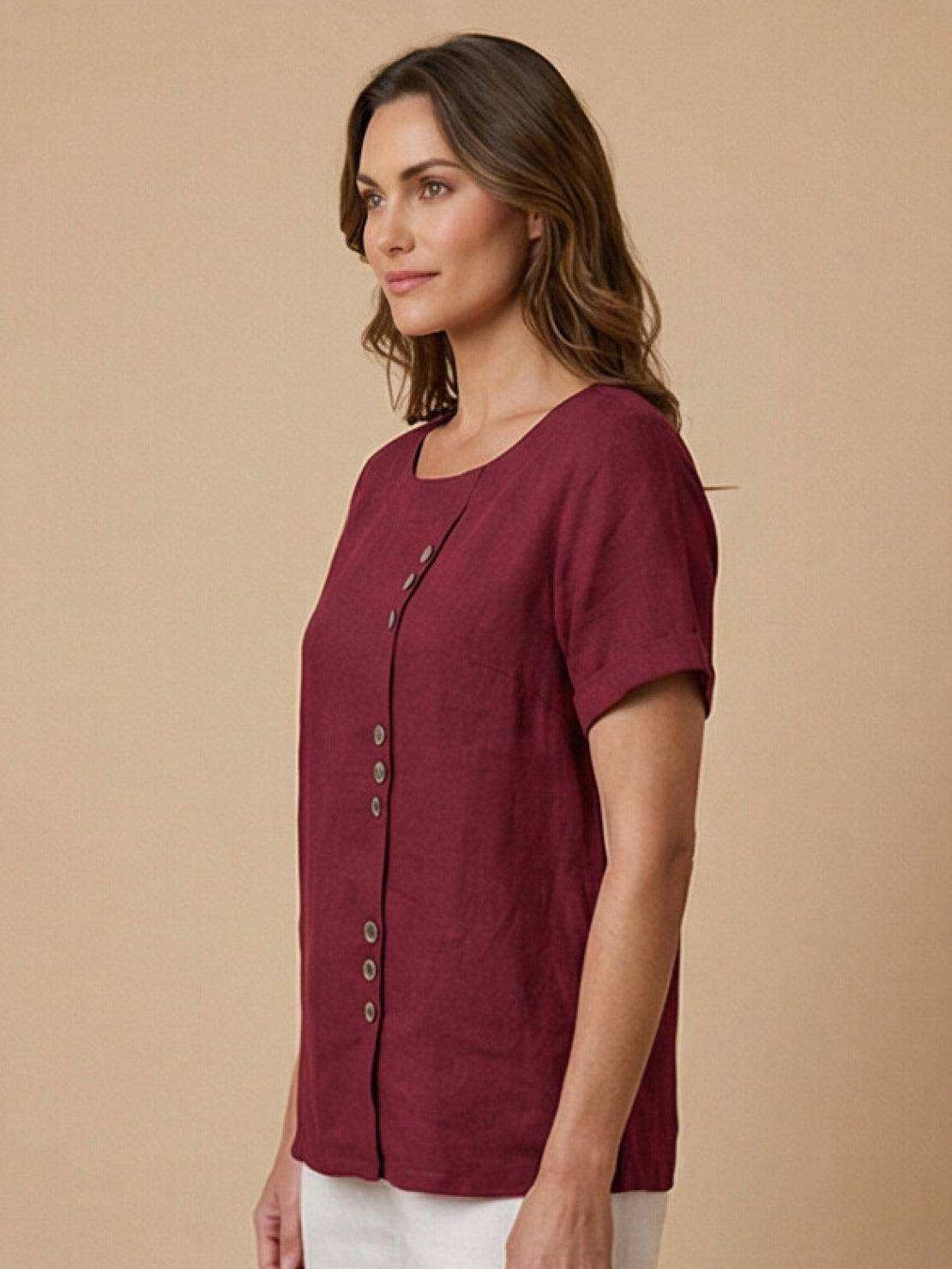 Grace | Women’s Linen Round Neck Button Blouse